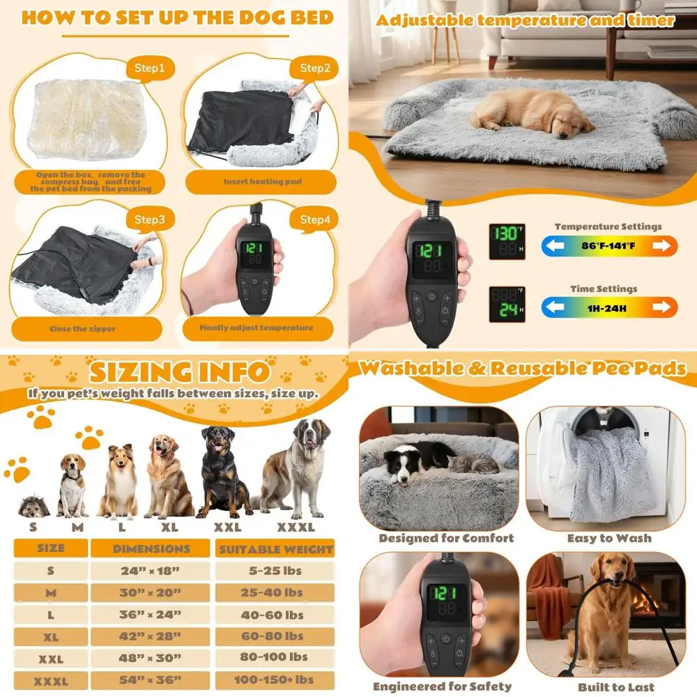 

Double Pack: Adjustable Temp Dog Heating Pad & 45x37x6 Plush Dog Couch Bed for Medium to Large Dogs