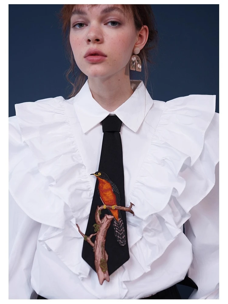 Original Design Novetly Tie Women Vintage Fashion Whimsical Playful Bird On Branch Embroidered Neck Tie