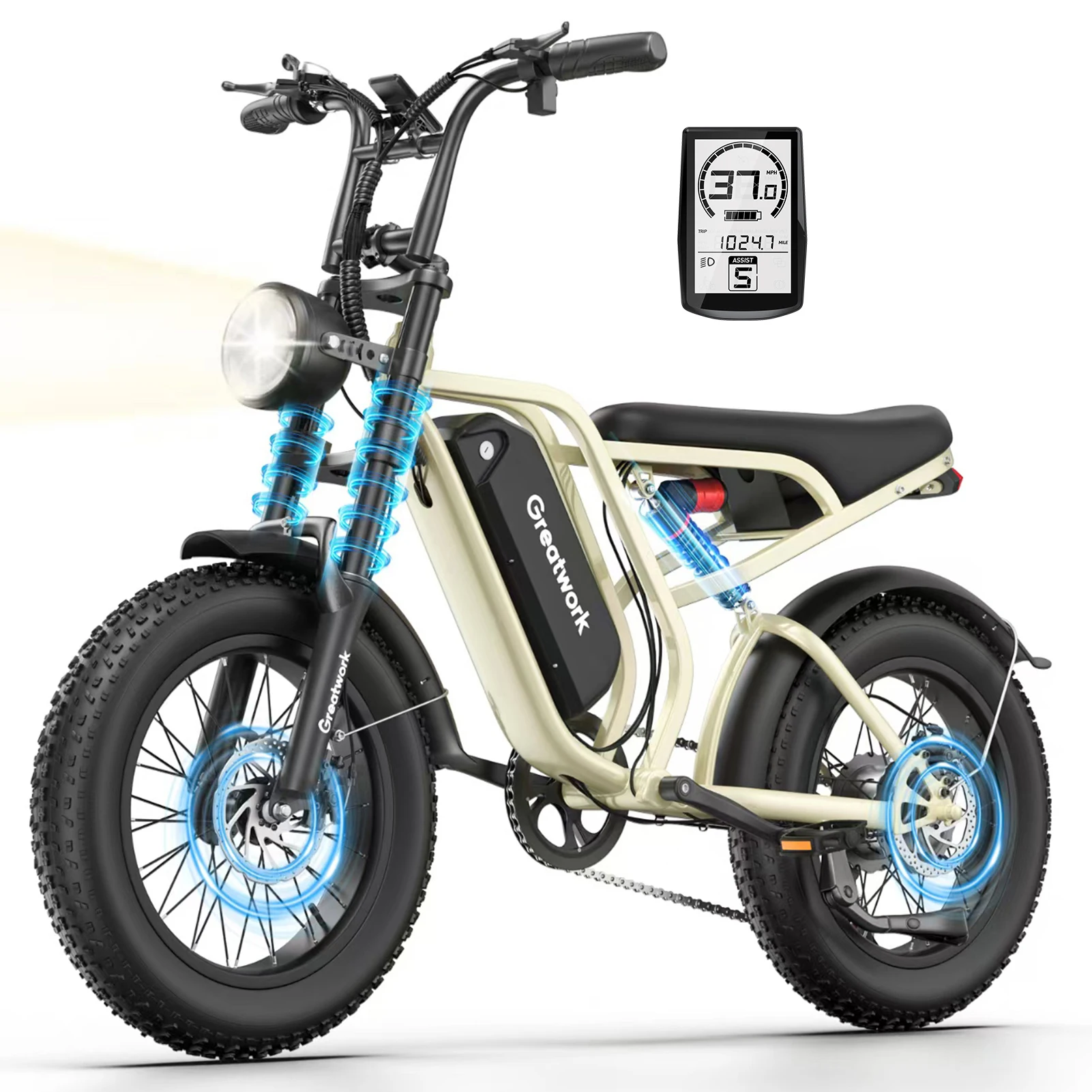 Electric Bicycle Moped Style Electric Bike 2500W Peak Motor 48V 25Ah Battery 20x4 Fat Tire Full Suspension Moto E-bike R8