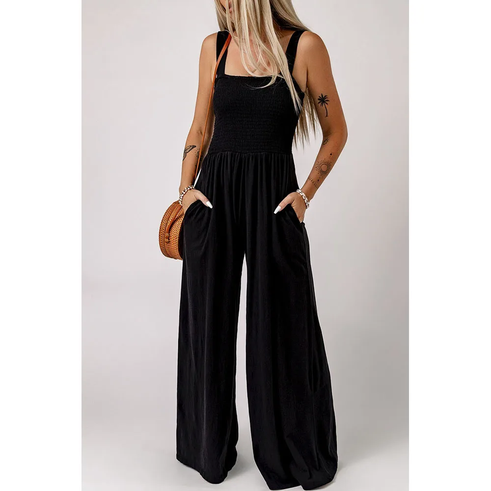 

New minimalist high street high waisted knitted off shoulder wide leg pants for women, pure black jumpsuit pants for women