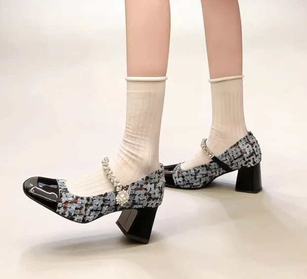 Ptchwork Style Round Toe Women Marry Jane Shoes Chunky High Heels 6CM Bling Rhineston Buckle Strap Design Pumps Shoes