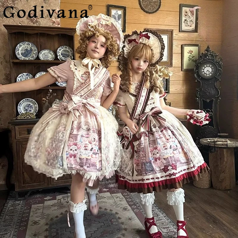 

Original Lolita Pink Dress Set Op Summer New Girls' Woman's Cute Printed Bow Slim Birthday Party Dress Princess Tea Party Dress