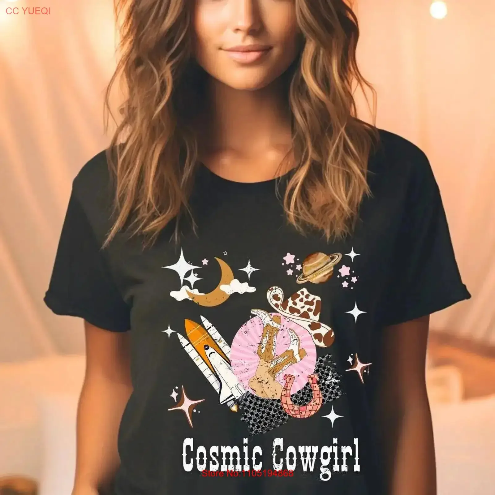 Cosmic Cow Girl T shirt Space Western Disco Cowgirl Horse lover Sleepshirt Back to School Rodeo Young Adult Friend vintage