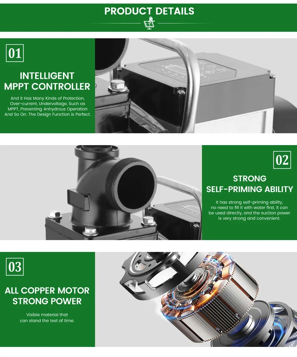 Factory Self-priming 900W Outlet  27m3/h 16m DC Solar DC Surface Water Pump for Irrigation