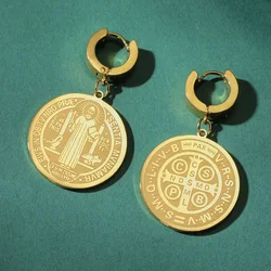 Dawapara Saint Benedict Medal Earrings Double Side Engraved Exorcism Cross Prayer Catholic Amulet Michaelmas Stainless Steel