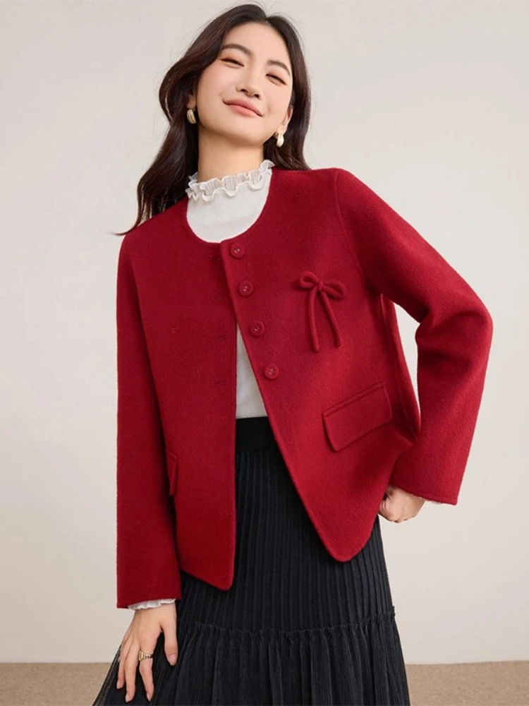 

SENTUBILA Women's 100% Double Faced Wool Coat 2025 Winter New Chinese Knot Design O-Neck Elegant Casual Outerwear W54OF8762
