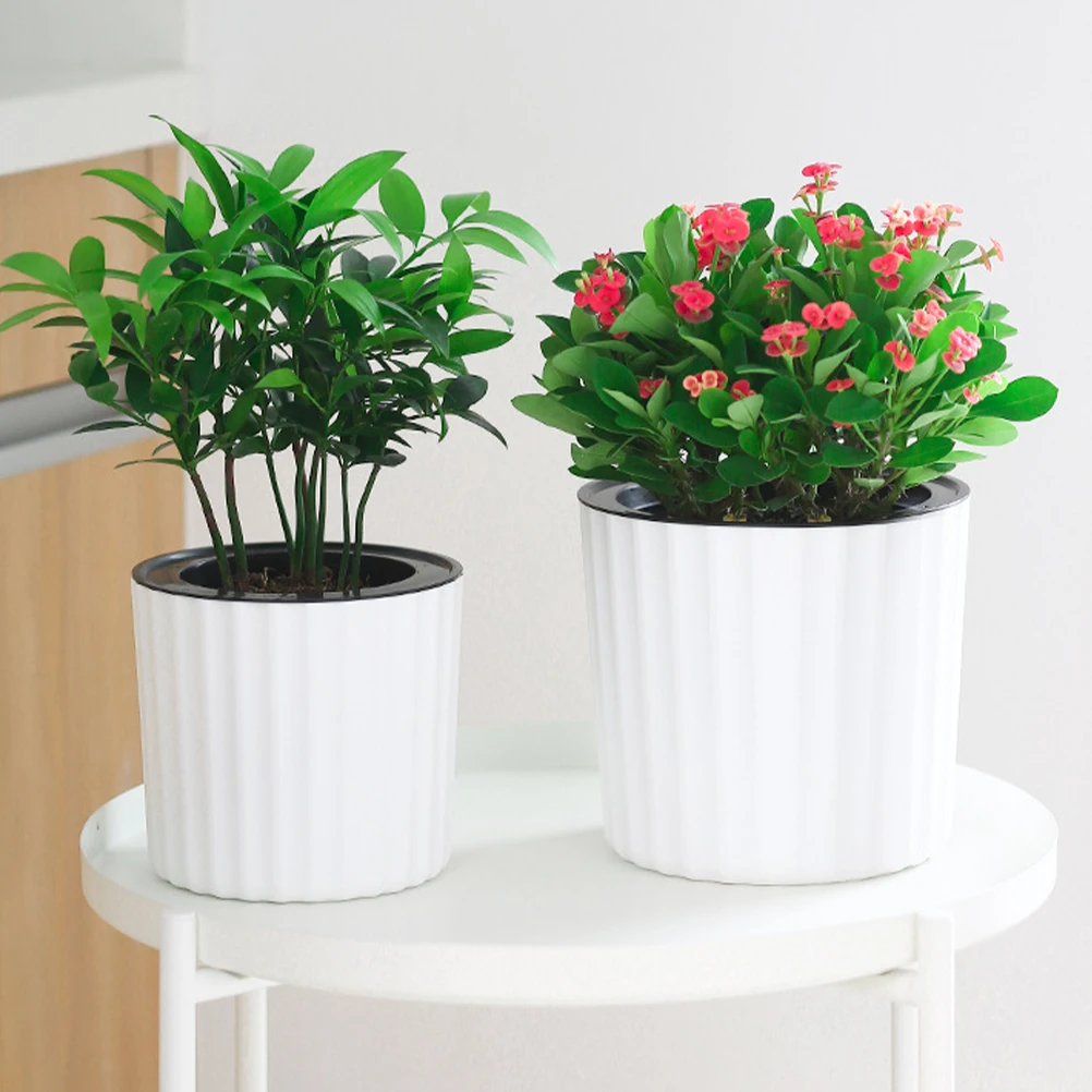 

2 Pcs White Self-watering Flower Pots 180# Circular Resin Design for Plants Decorative Planters Easy Maintenance