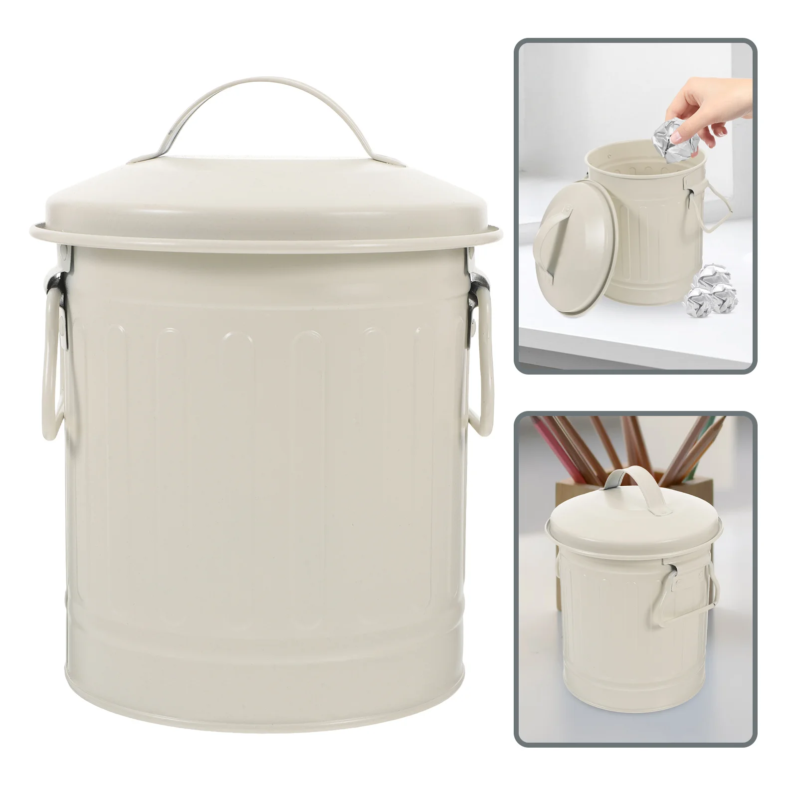 

Compact Metal Pen Holder with Lid Small Trash Can for Office Desk Vintage Iron Desktop Organizer Stationery Storage Bucket