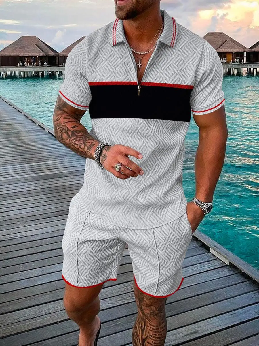 

Simple Colorful Pattern Printed men's POLO set, Summer Casual Zipper Collar POLO Shirt And Shorts 2-piece Trendy Streetwear