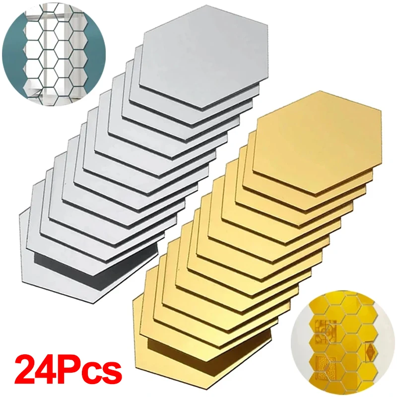 Pegatinas de pared con espejo 3D, calcomanías autoadhesivas de acrílico, azulejos de mosaico hexagonales, calcomanía para dormitorio, habitación, decoración del hogar, 6/24 piezas
