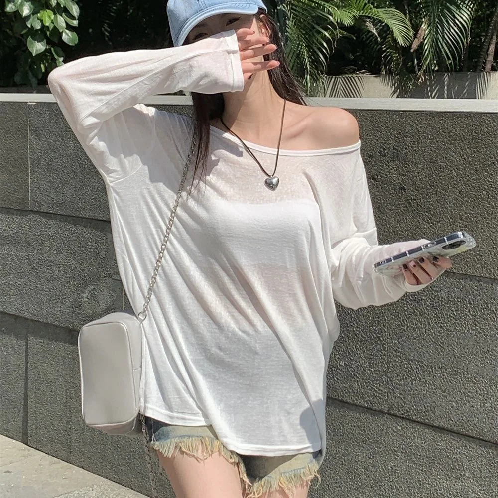 Women Long Sleeves Chiffon Fabric Slightly Transparent Soft Breathable Summer Thin Loose Fitting Pullover Sunscreen Clothing