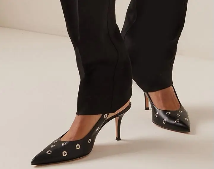 

Hot Women Black Leather Sliver Metal Cricles Holes Pointed Toe Shallow Thin Heels Slingback Sandals Ladies High Heel Pumps Shoes