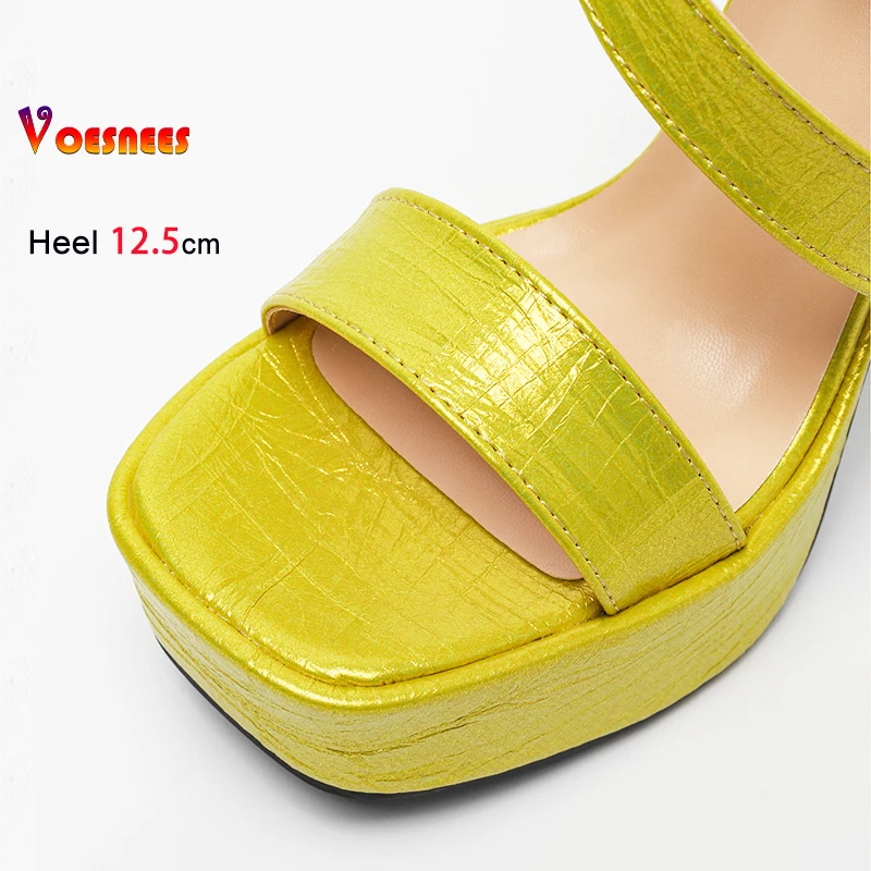 أوروبا وأمريكا جديد الصيف كبيرة الحجم الصنادل النساء منصة 12.5 سنتيمتر كعب سميك ساحة تو مشبك حزام أحذية الحفلات الصفراء #6