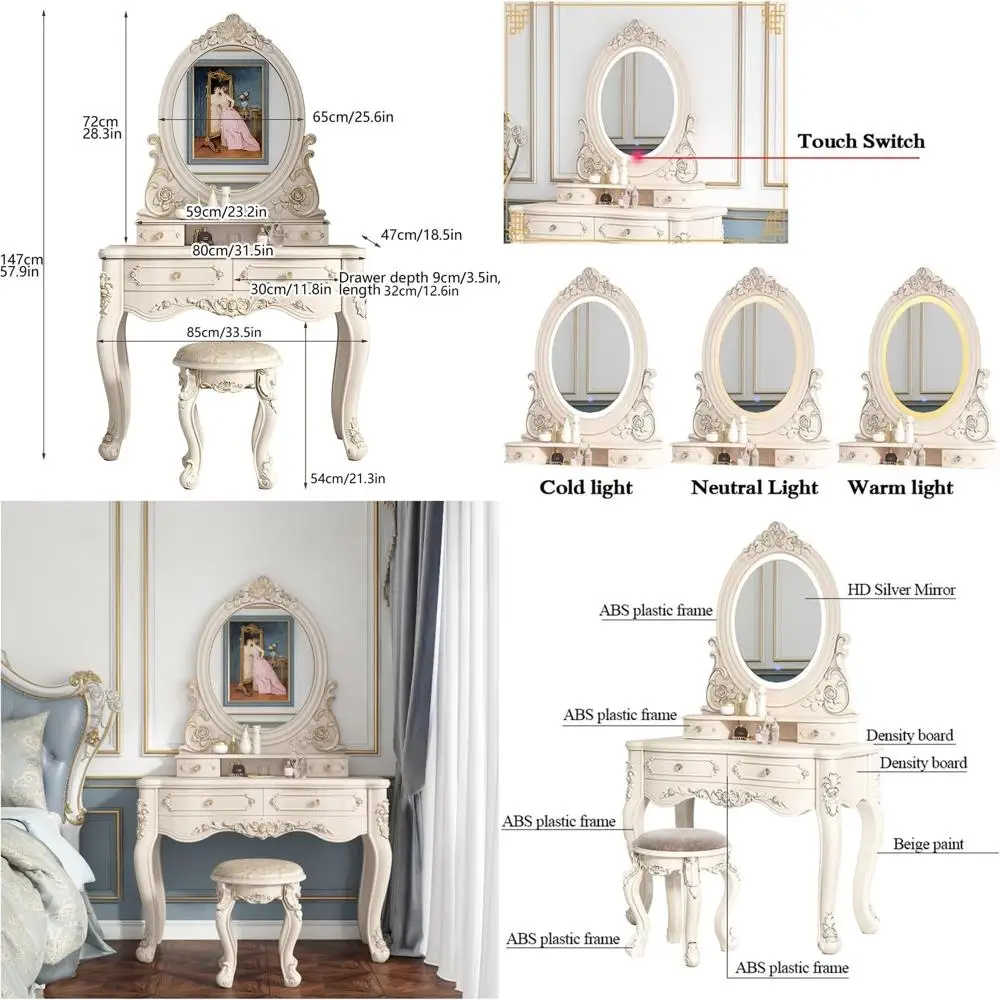 

80cm Vanity Desk with Drawers, LED Oval Mirror, Upholstered Stool, Suitable for Women & Girls