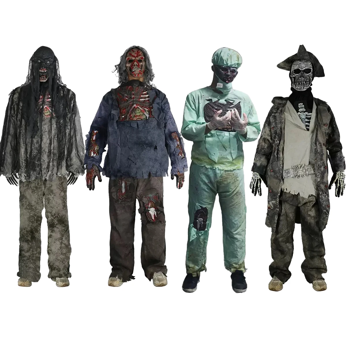 Kids & Adults Zombie Cosplay Costume, Scary Horror Bloody Skeleton  Outfit with Mask Gloves, Halloween Carnival Fancy Dress