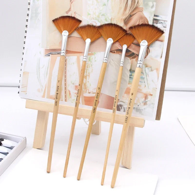 1Set Creative Fan Shap Gouache Painting Pen High Quality Nylon Hair Wooden Paint Brush Sets Drawing Art Supplies For Student