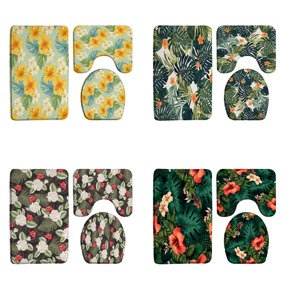 

Tropical Hibiscus Flowers Bath Mat Sets Green Palm Leaves Jungle Shower Rug Carpet Toilet Cover Anti Slip Bathroom Decor Doormat