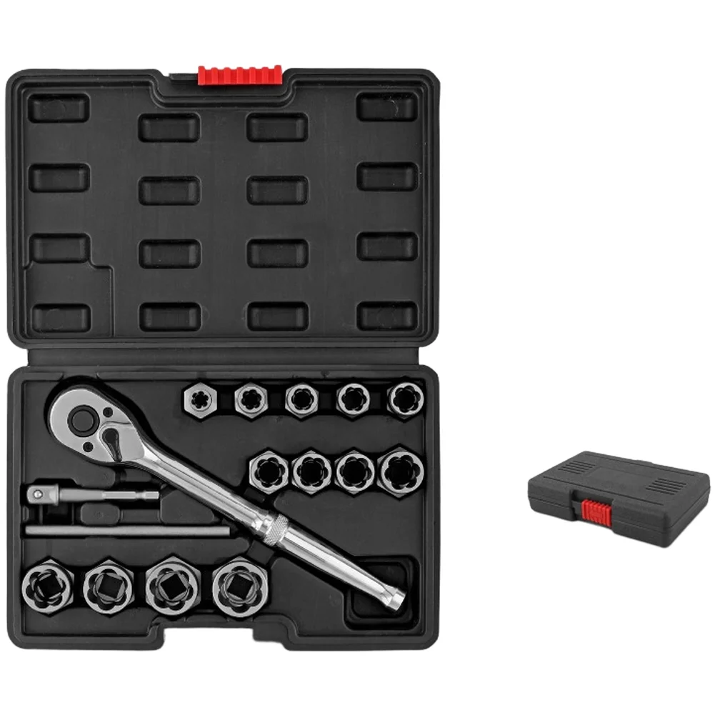 

16 Piece Bolt Extractor Tool Set Featuring Reverse Spiral Sockets and 1/4 Inch Ratchet Wrench for Stuck Fasteners