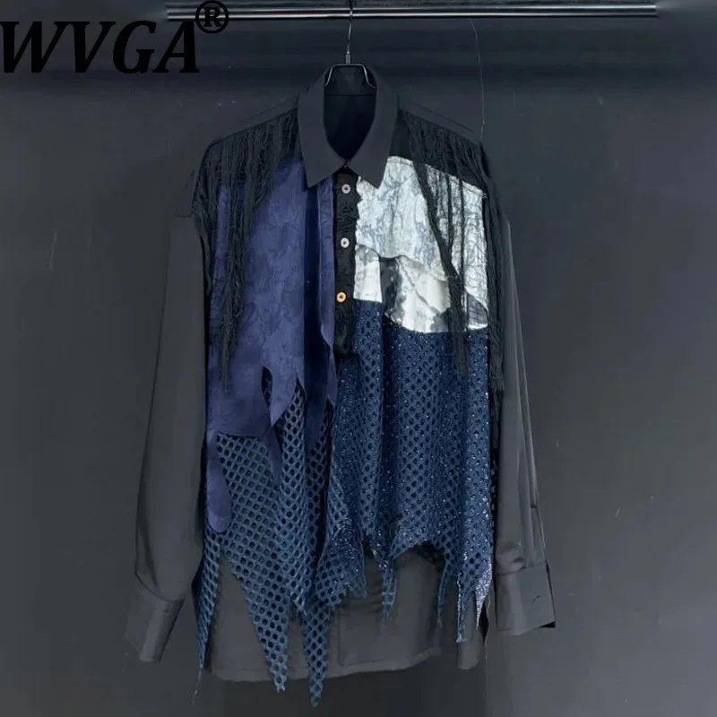 WVGA Spring Autumn New Men High Street Lace Mesh Design Trendy Fake Two Pieces Long Sleeve Shirts Niche Chic Casual Shirt W10264