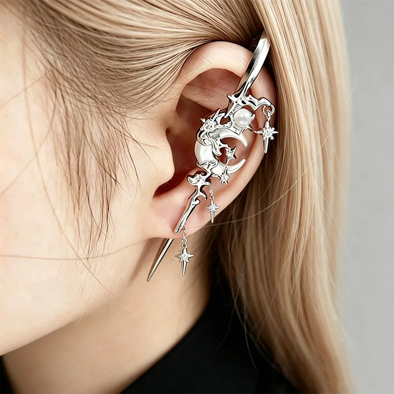 Unisex Jewelry Accessories Copper Alloy Material Crescent Star Ear Cuff, Gothic Dark Style Ear Hook for Women Men, No Piercing T
