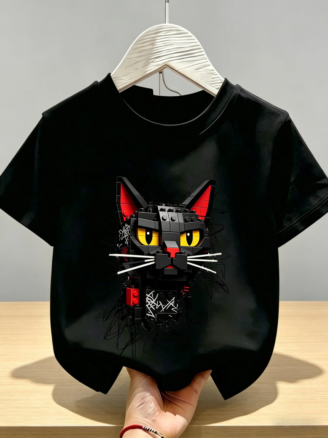 Block Graffiti Black Cat Art Print Kids Short Sleeve Tees Trendy Casual Tops For Boys Girls Toddlers Summer Daily Clothing