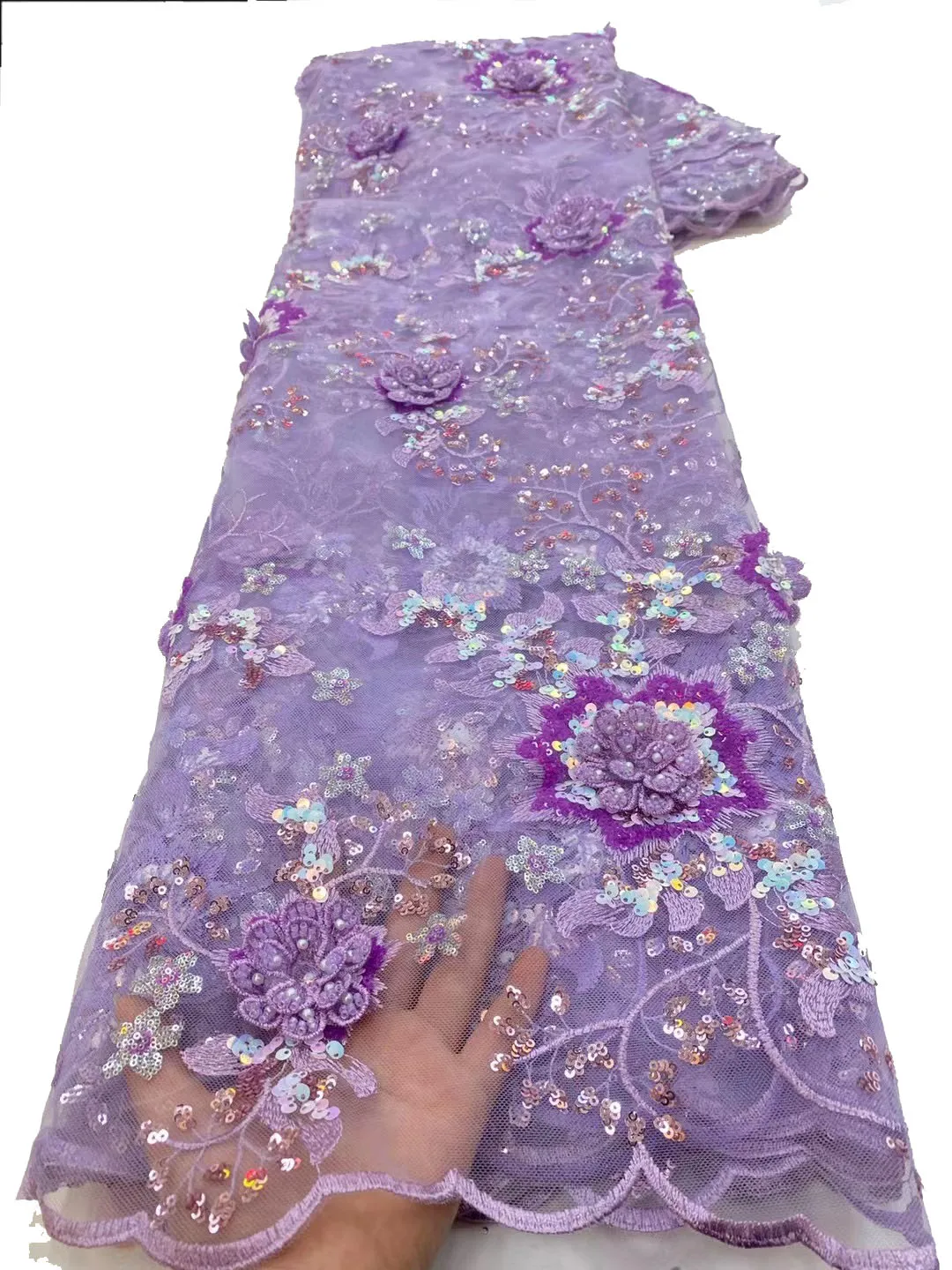 2023 Fashion Classic African Purple Color Embrordered Beaded Net Lace 3d Flower French Tulle Fabric Sequins Party Evening Dress