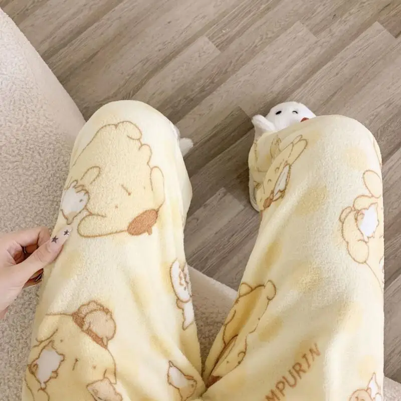 

Sanrio Pompom Purin Women Sleeping Pants Kawaii Cartoon Winter Pajama Pants Flannel Warm Sleepwear Trousers Outdoor Homewear New
