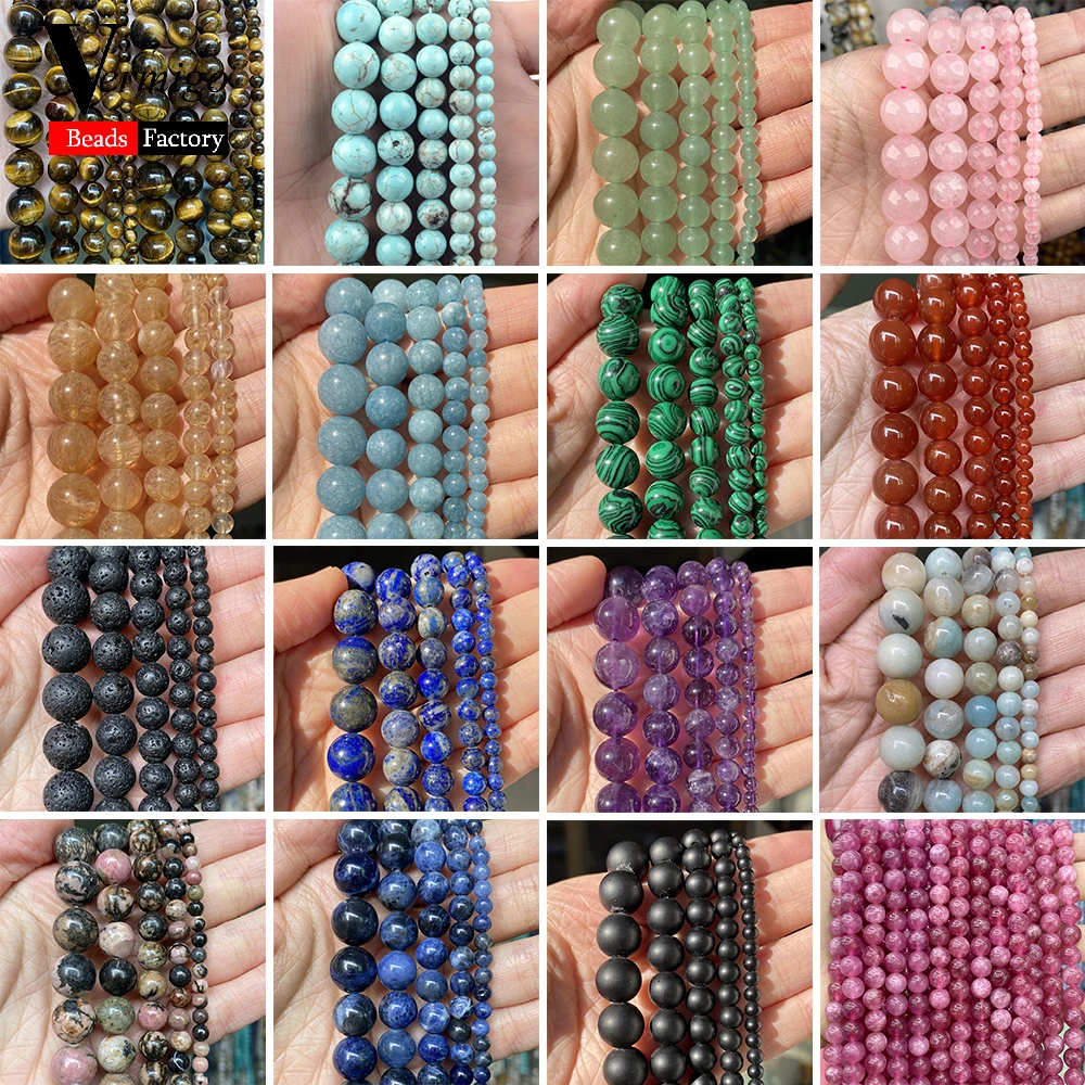 Natural Stone Beads 4 6 8 10mm Lava Amazonite Agates Amethyst Turuoqises Tourmaline Round Beads for Jewelry Making Diy Bracelets