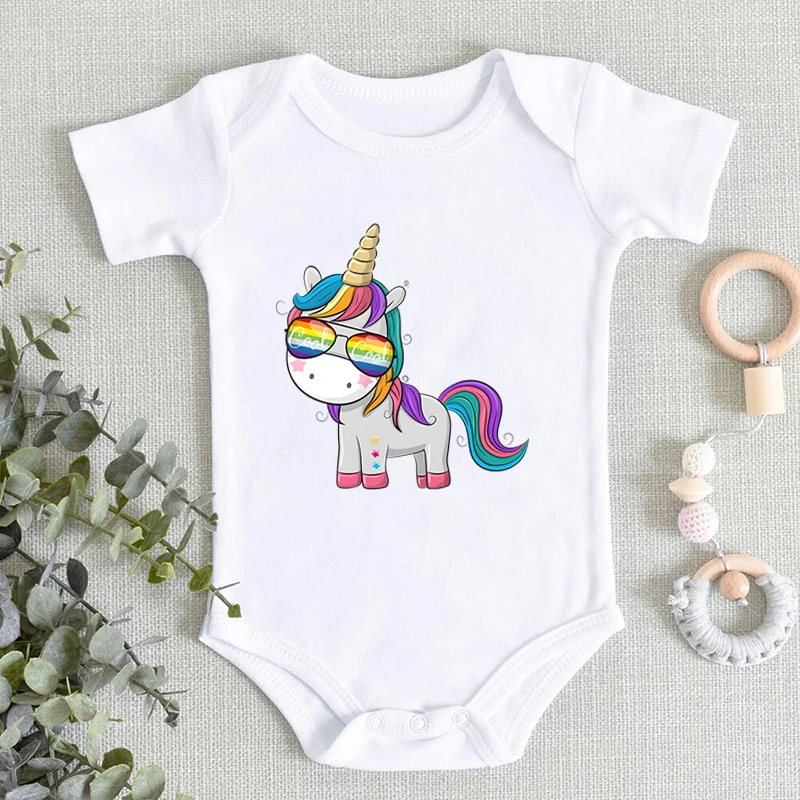 

Baby Girls Cool Unicorn Print Bodysuits Summer Short Sleeves Funny Unicorn Print Jumpsuits For Newborns Round Neck Bodysuit