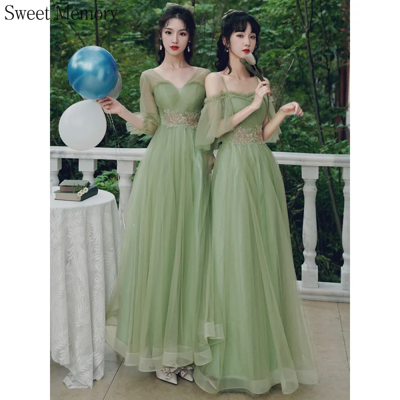 

Lady Grass Green Gradution Dresses With Sleeves Women Lace Up Tulle Formal Gowns Girl Party Wedding Guest Bridesmaid Dress