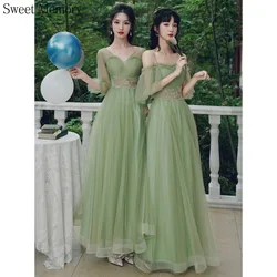 Lady Grass Green Gradution Dresses With Sleeves Women Lace Up Tulle Formal Gowns Girl Party Wedding Guest Bridesmaid Dress