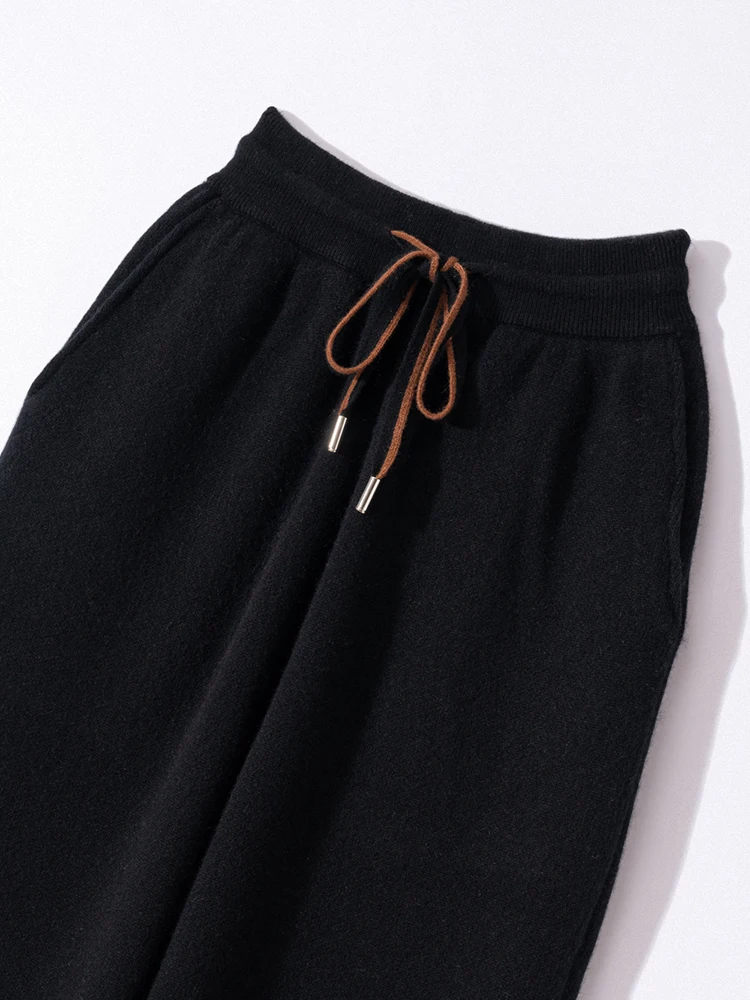 Autumn Winter Men Cashmere Pencil Pants Thicken Contrasting Drawstring Trousers 100% Cashmere Knitted Casual Pocket Simple Pants