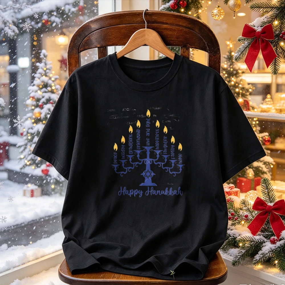 Happy Hanukkah Blue Menorah Golden Flame Star of David Vintage Script Graphic Print Jewish Festival of Lights Holiday T-Shirt