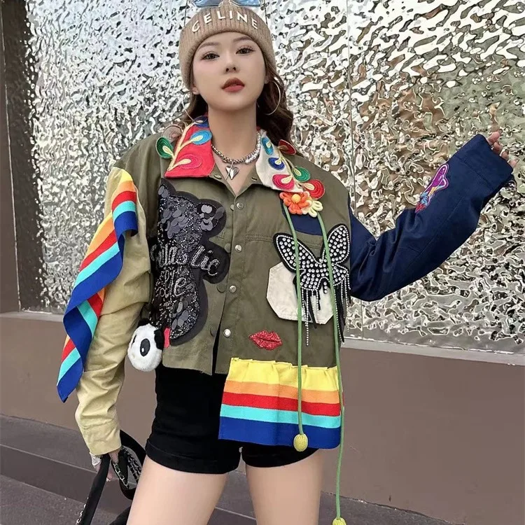 Fashion Brand Cartoon Sequins Loose Jacket Female 2024 Spring New Heavy Industry Beads Butterfly Stitching Short Coats Women