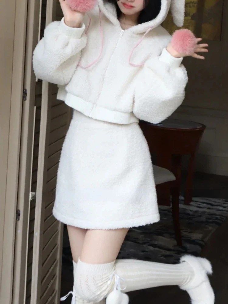 Japanese Kawaii Lolita New 2 Piece Set Women Wool Sweet Elegant Y2k Warm Suit Female Hooded Coat + Cute Mini Skirt Winter 2024