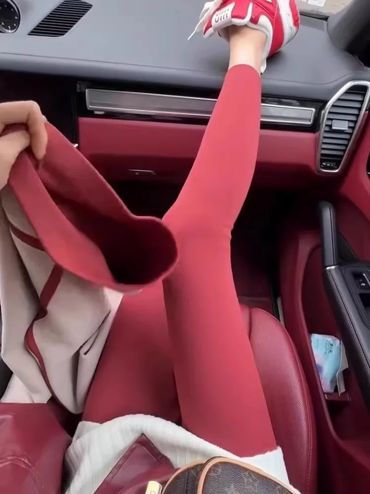 

Trendy Red arkskin Yoga Pants Women's High Waist Thiened Fce Butt-Lifting Magic Pants Slimming Leg Base Layer Trousers