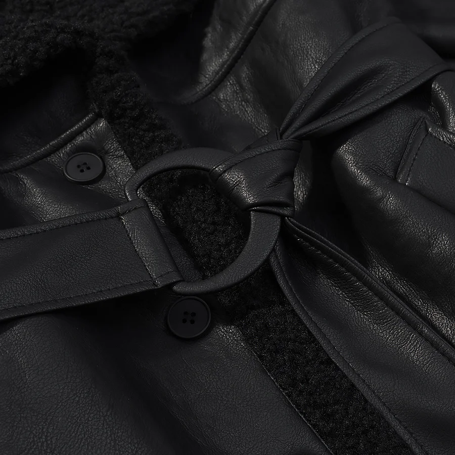 معطف نسائي طويل من جلد البولي يوريثان بحزام من الفرو للخريف جديد Sle متعدد الاستخدامات للتنقل من ألياف البوليستر بسحاب