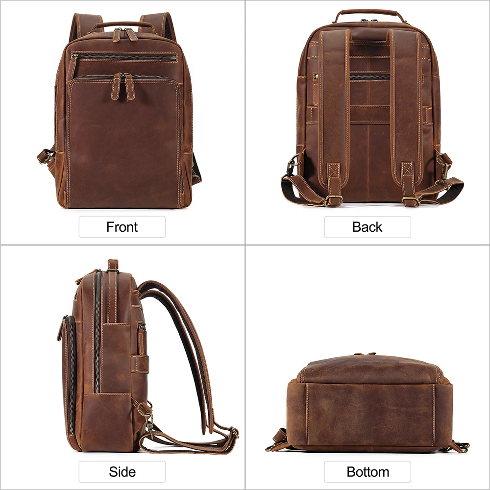 Brown Durable Genuine Crazy Horse Leather 14'' 15.6'' Laptop A4 Women Men Backpack Cowhide Travel Bag Vintage Highend M6646