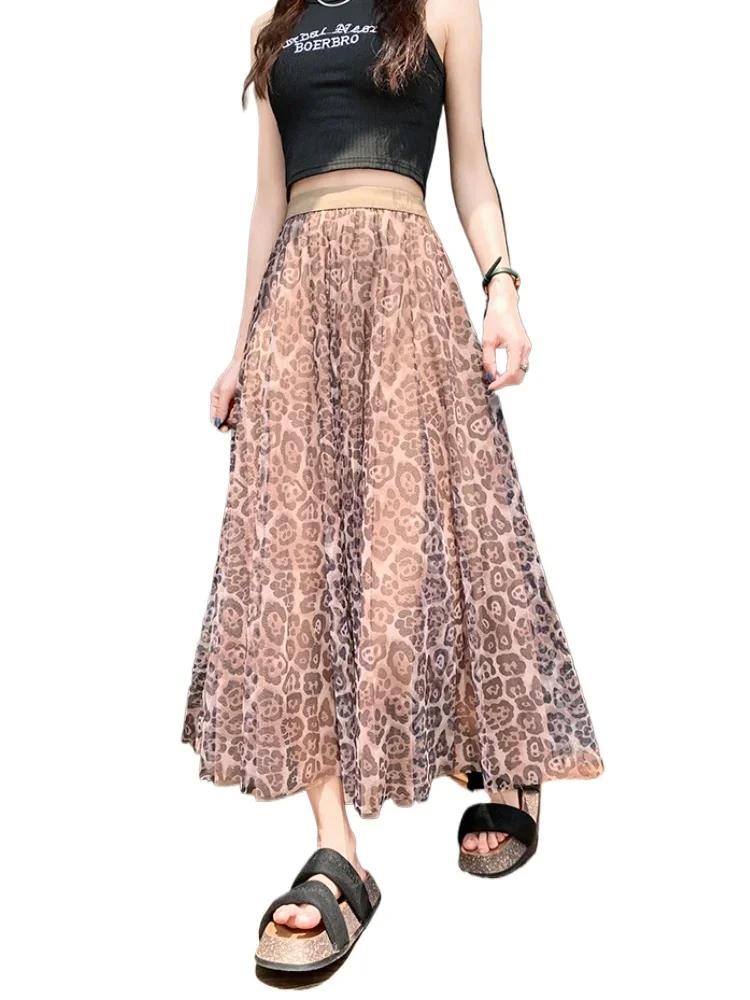 

TRAF Vintage Leopard Print Tulle Mesh Long Pleated Skirts Fashion High Street Elastic Waist Large Swing Women Summer Skirts