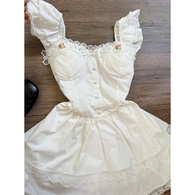 Lolita princesa doce vestido branco feminino renda aparada manga bufante vestido em camadas retalhos macio estilo bonito vestidos finos
