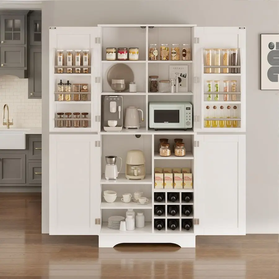 

Высокая кухонная кладовая, шкаф для хранения в фермерском доме с дверцами, полками, деревянный шкаф в деревенском стиле, встроенная решетка для хранения вина, усилитель 6-дверного S