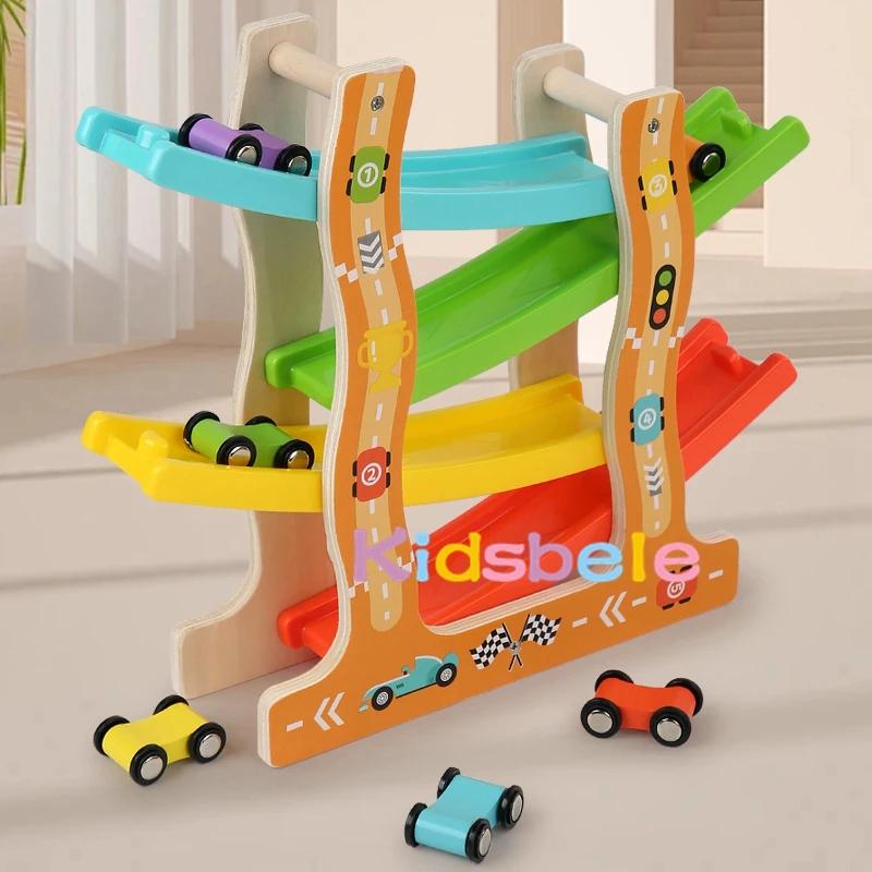 Wooden Gliders Montessori Sliding Race Track 6 Car Toys For Children Educational Gifts For Todders Christmas Toys Birthday Gifts