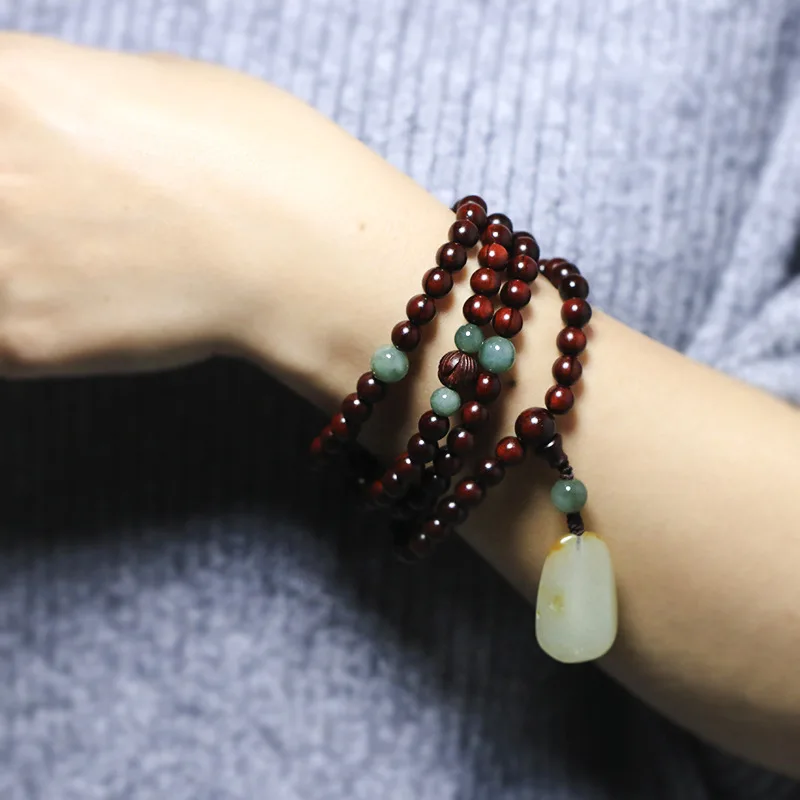 

" Indian rosewood bracelet with 108 beads, Buddhist rosary, retro woven jewelry, women's bracelet, Hetian jade pendant"