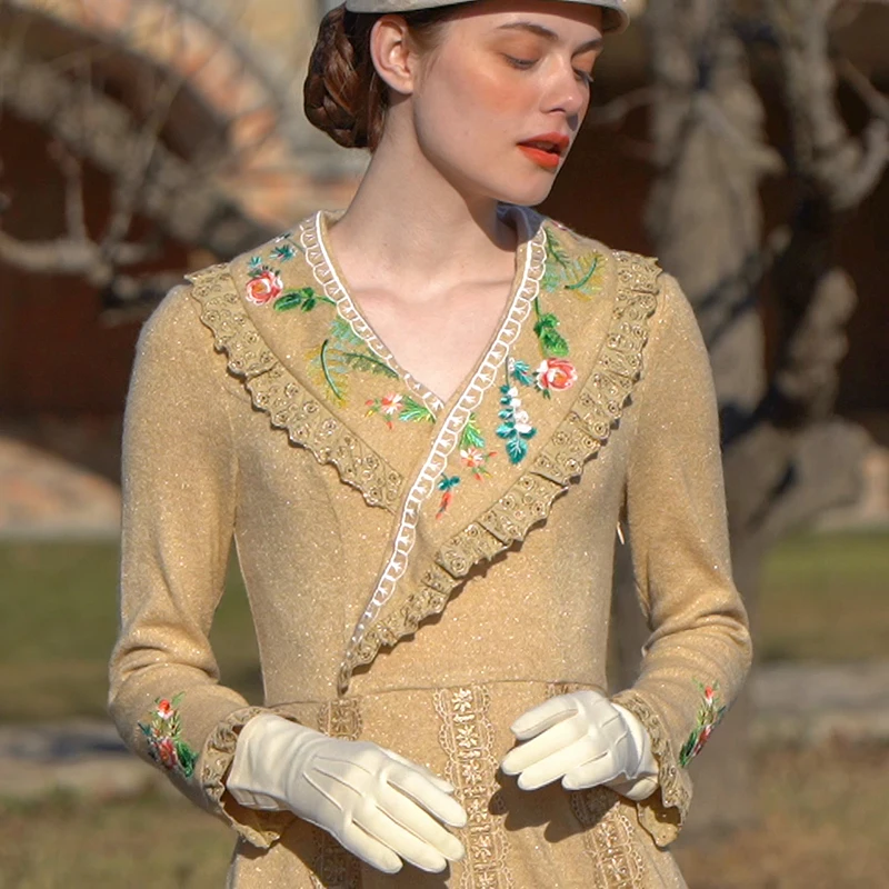 

86-94 см, осенне-зимние длинные платья для женщин, винтажное элегантное тонкое сексуальное кружевное трикотажное платье с v-образным вырезом и вышивкой с длинными рукавами