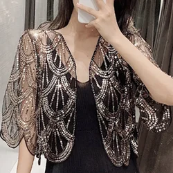 Women Jacket 2024 V-neck Short Cardigan Women Little Shawl Cape Summer Short Sleeve Sequins Hollow Lace Dress Shawl Jackets Z354