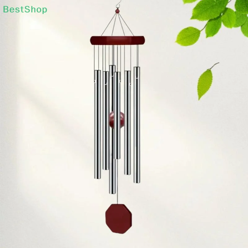 🍄6-tube Metal Red Solid Wood Wind Chime,Classic Octagonal Wood Hang Tag Silver Aluminum Pipes Courtyard Corridor Balcony Decor