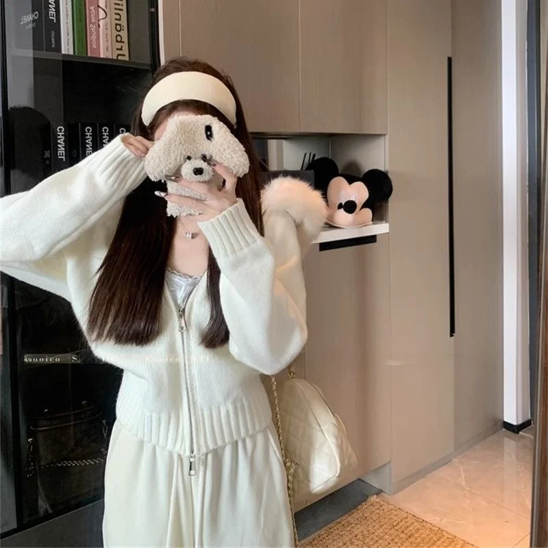 plus Size Lazy Long Sve Hooded Knitted Cardigan Coat with Fur Collar Autumn Winter Loose Zipper New Faion Women\'s Sweater