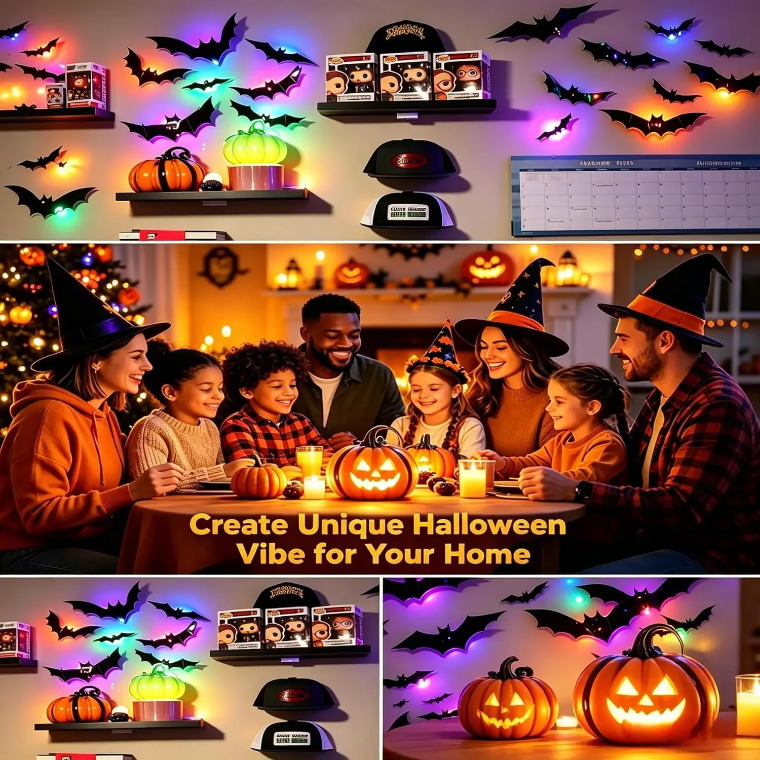 1-4 Sets Halloween-Wandaufkleber mit LED-Beleuchtung, leuchtende Fledermäuse und Spinnen, gruselige Partydekorationen für Spukhäuser, Aufkleber für Innenräume – Detail 4