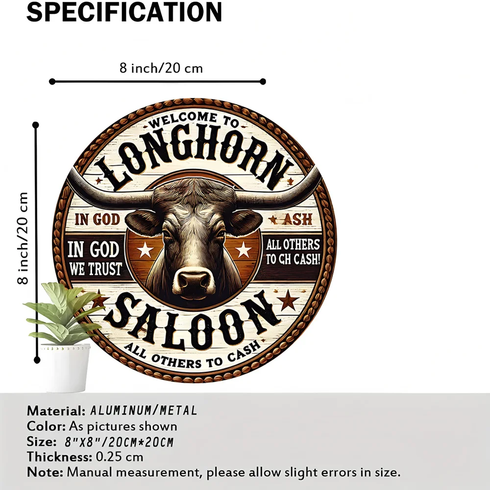 مسطح ثنائي الأبعاد - قطعة واحدة من لافتة القصدير المعدنية المستديرة مقاس 8 × 8 - فن روح رعاة البقر الطويلة، ديكور غربي ريفي مع "مرحبًا بكم في طويل #5