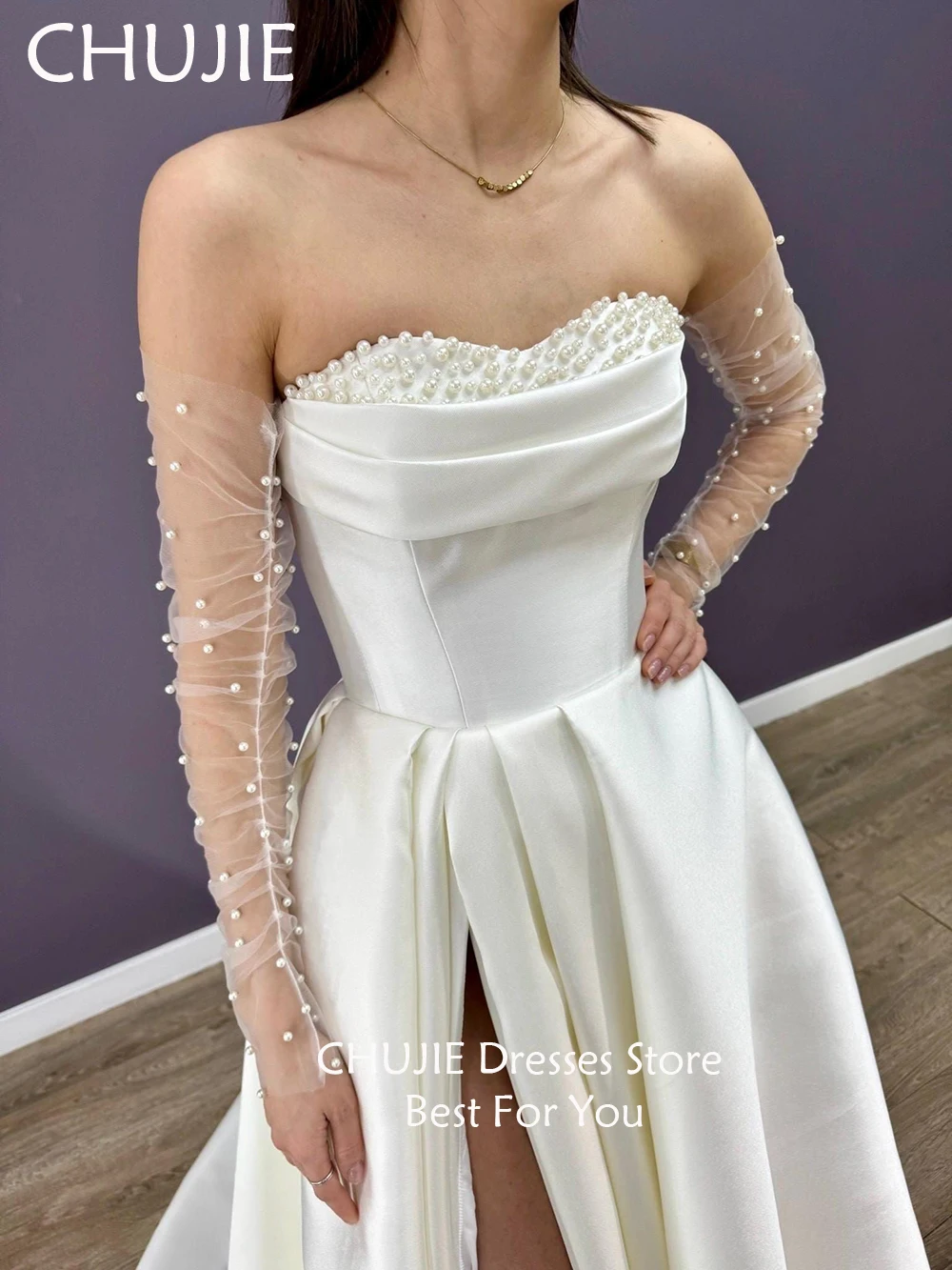 ชุดแต่งงานแบบจีบระบายประดับมุก ผ้าซาตินคลาสสิก ชุดเจ้าสาวผู้หญิง สง่างาม สามารถสั่งตัดได้ ชุดแต่งงานผ่าข้าง